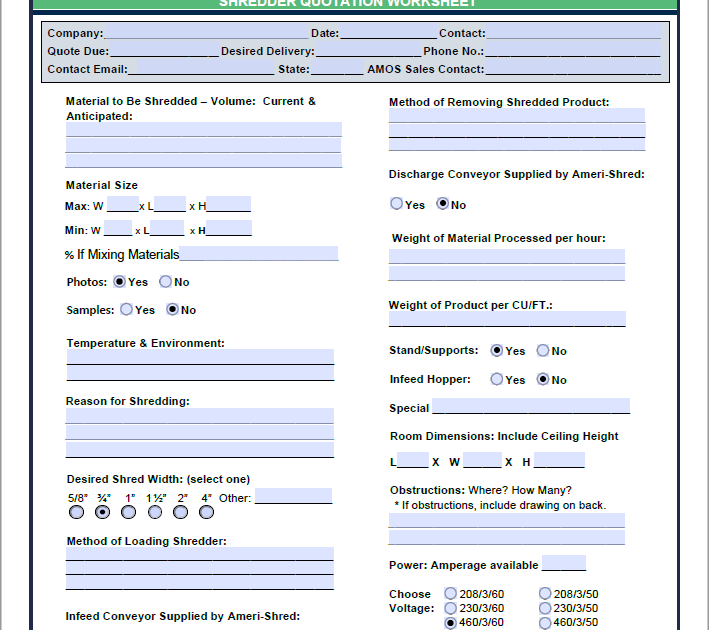 Industrial Shredder Quote Worksheet